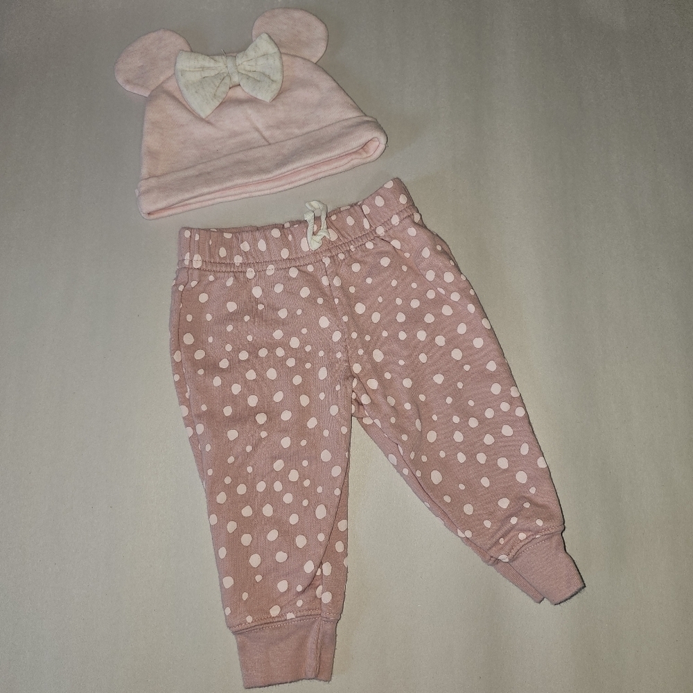 Disney + Carters Bundle Baby Hat Mouse Ears Bow Soft Pink Jogger Pants Polka Dot
